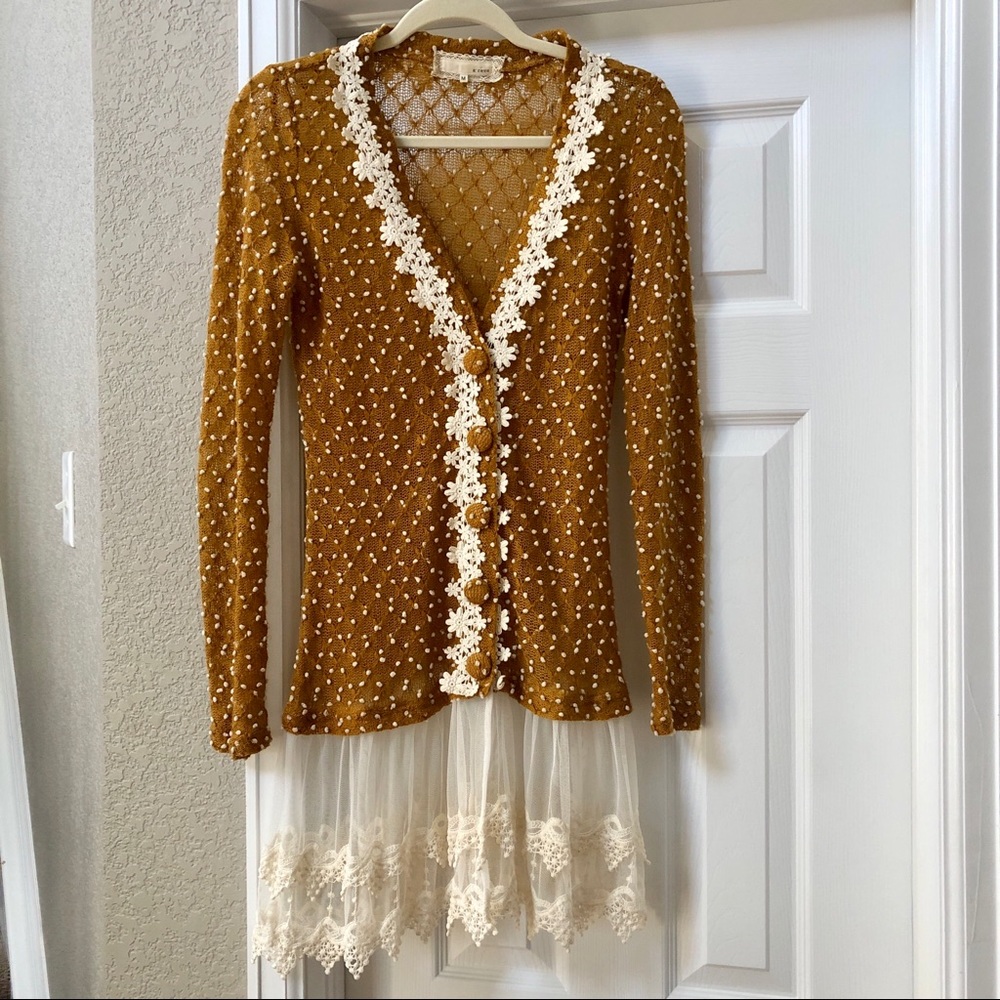 Boho Lace-Trim Knit Cardigan Sweater - Mustard Cream